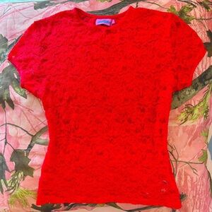 edikted red lace sheer mesh short sleeve t shirt baby tee